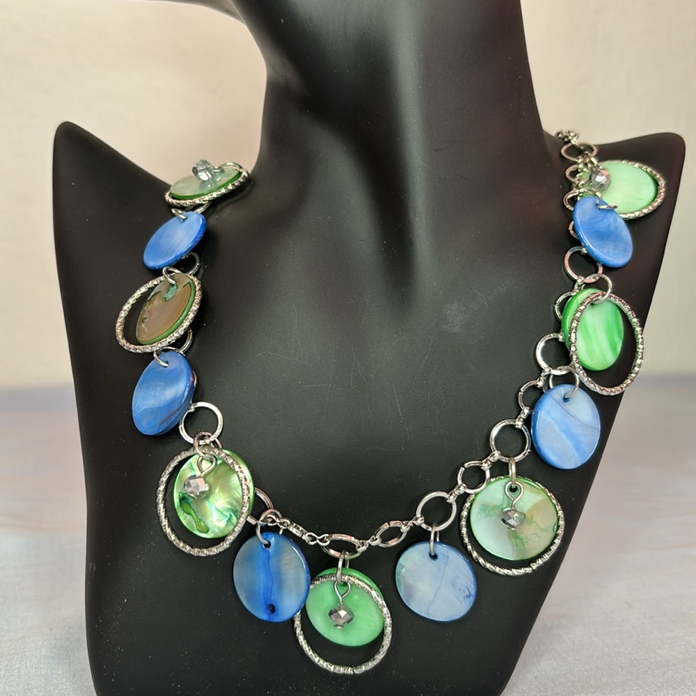 Blue and Green Mother of Pearl Disks and Rings Charm Bib Statement Necklace